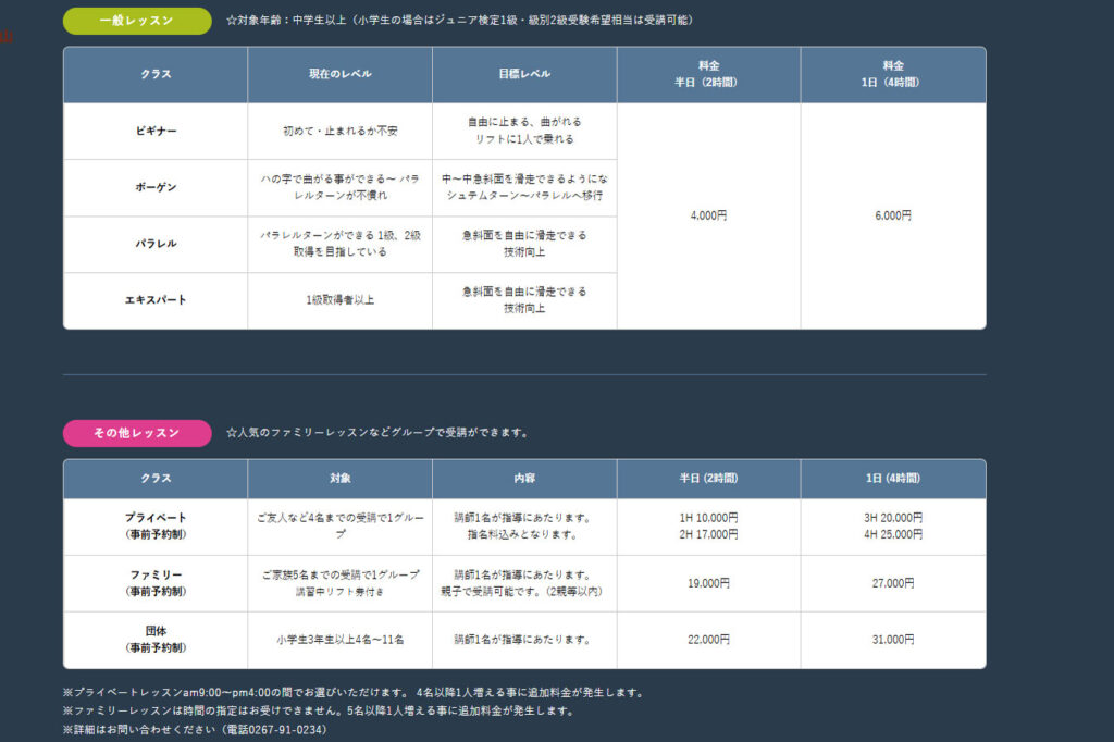 シャトレーゼ野辺山のスキーレッスン価格表